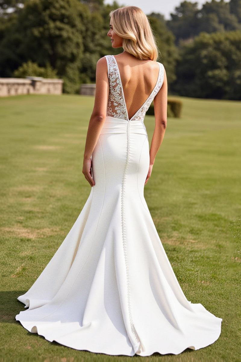 Load image into Gallery viewer, Mermaid Lace V Neck Ivory Long Wedding Dress
