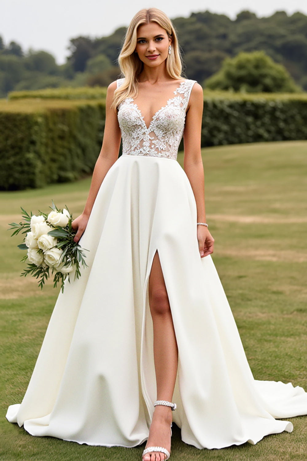 Ivory A Line Lace V Neck Wedding Dress with Slit