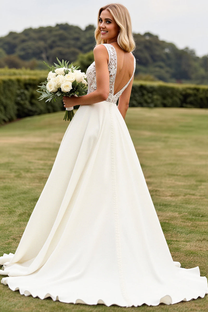 Load image into Gallery viewer, Ivory A Line Lace V Neck Wedding Dress with Slit