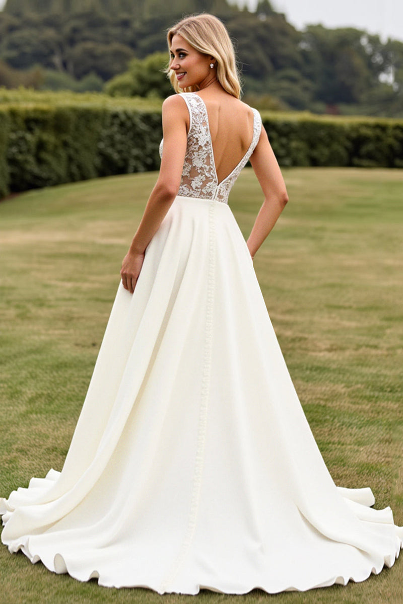 Load image into Gallery viewer, Ivory A Line Lace V Neck Wedding Dress with Slit