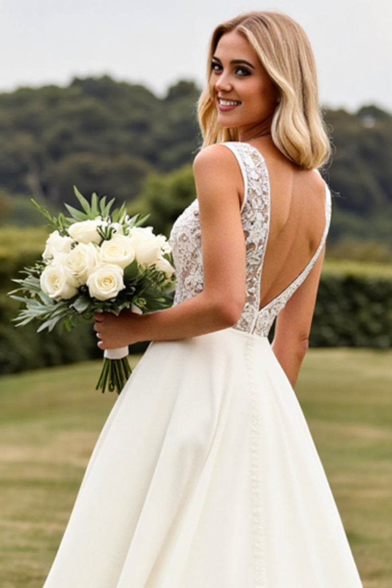 Load image into Gallery viewer, Ivory A Line Lace V Neck Wedding Dress with Slit