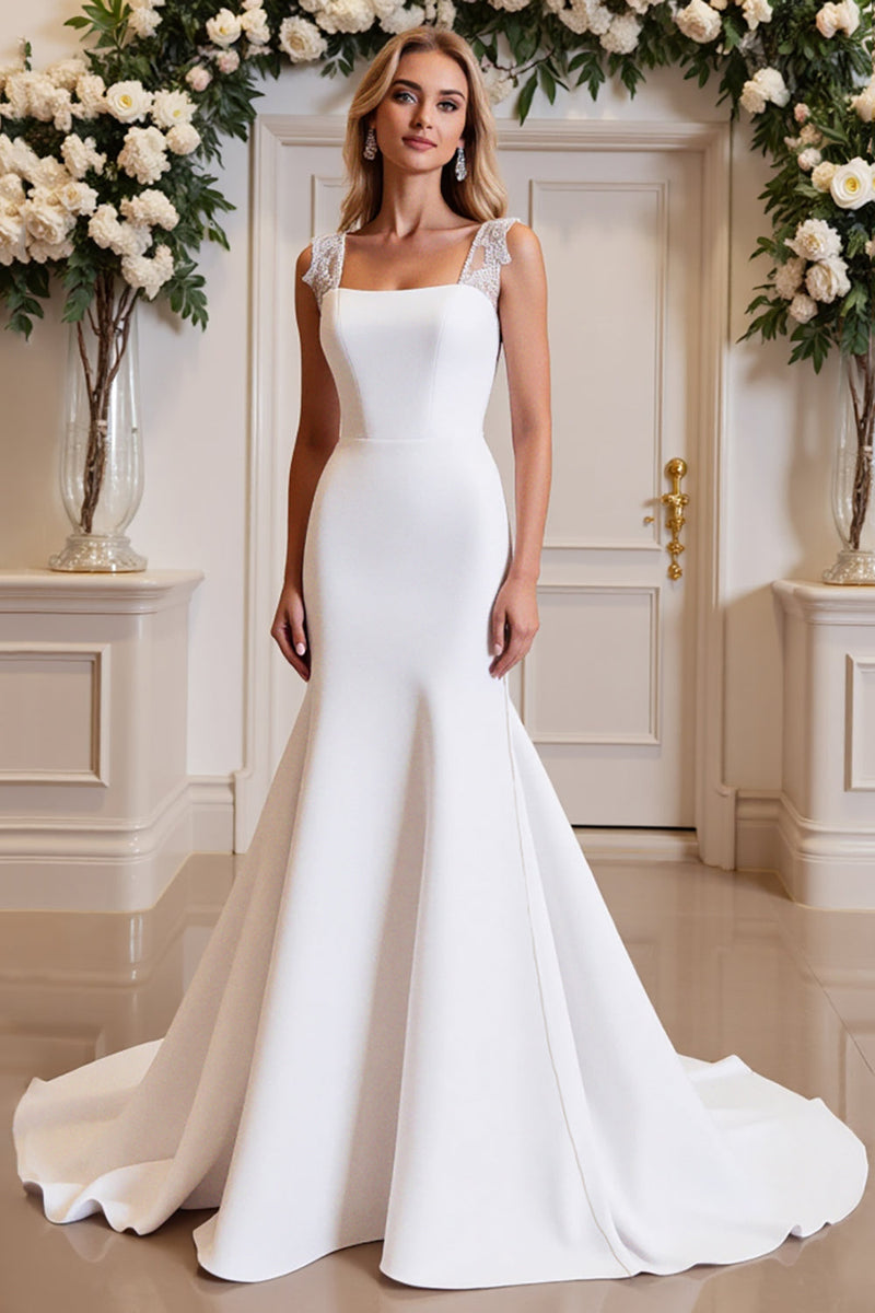 Load image into Gallery viewer, Timeless White Mermaid Lace Satin Wedding Dress