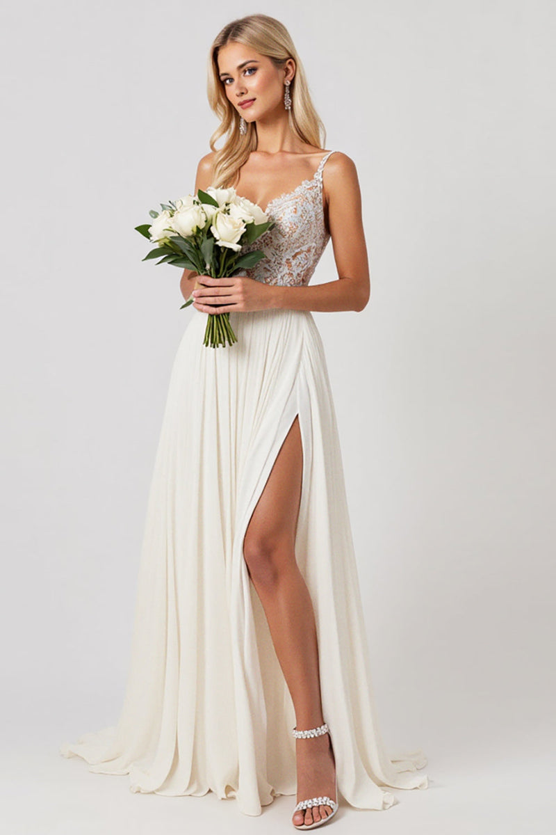 Load image into Gallery viewer, Ivory A Line Chiffon Lace Long Wedding Dress With Slit