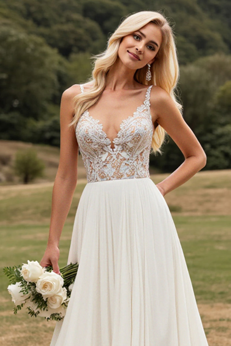 Load image into Gallery viewer, Ivory A Line Chiffon Lace Long Wedding Dress With Slit