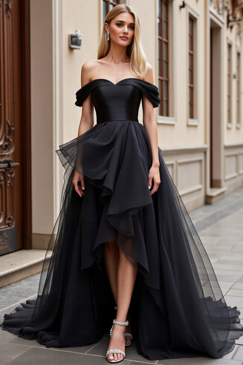 Black Tulle Off the Shoulder A Line Wedding Dress