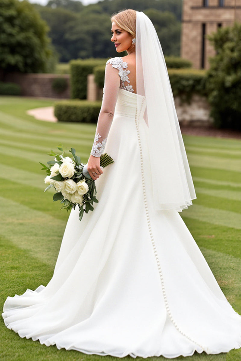 Load image into Gallery viewer, Classic Ivory Ruched A Line Lace Long Sleeve Wedding Dress