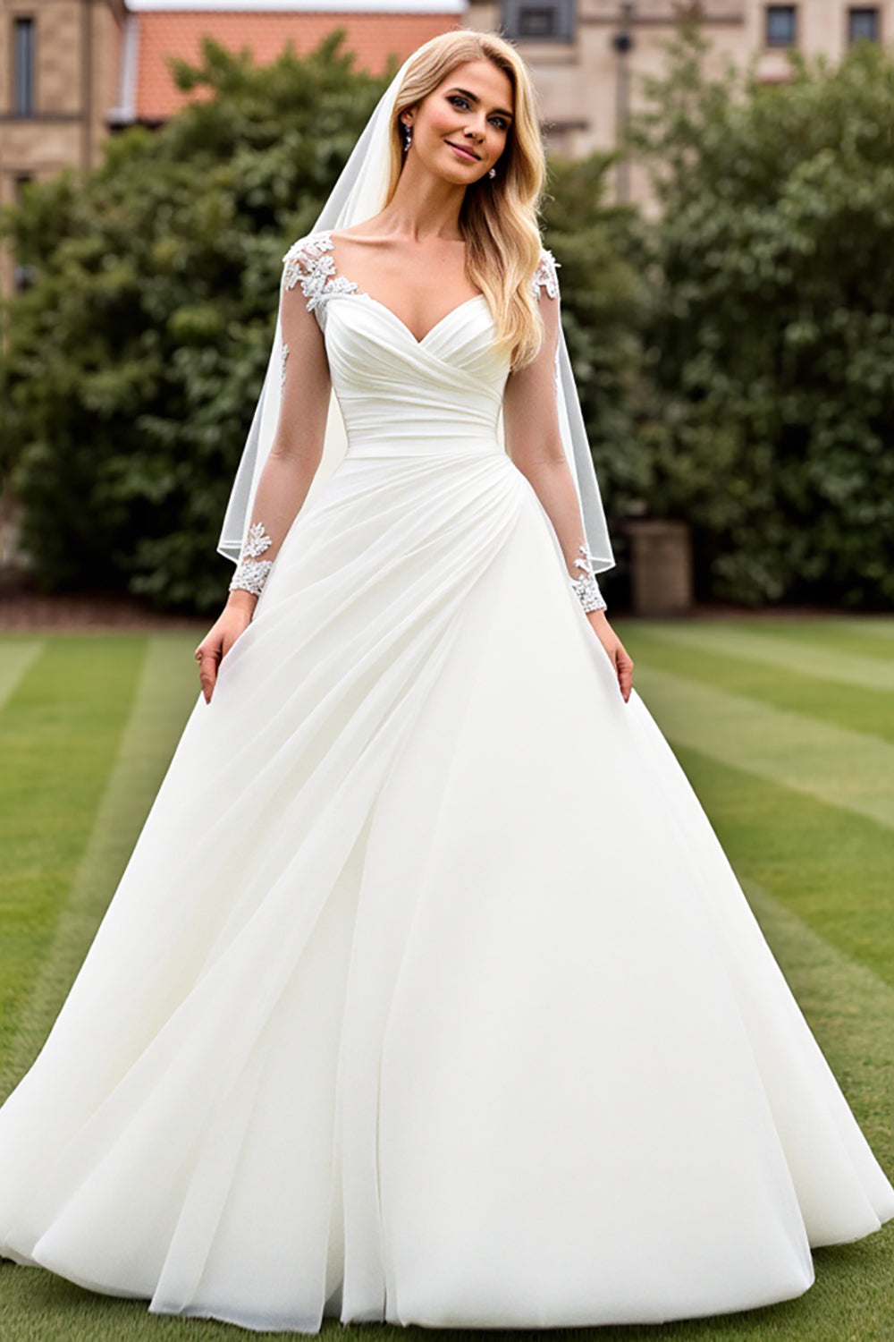 Classic Ivory Ruched A Line Lace Long Sleeve Wedding Dress