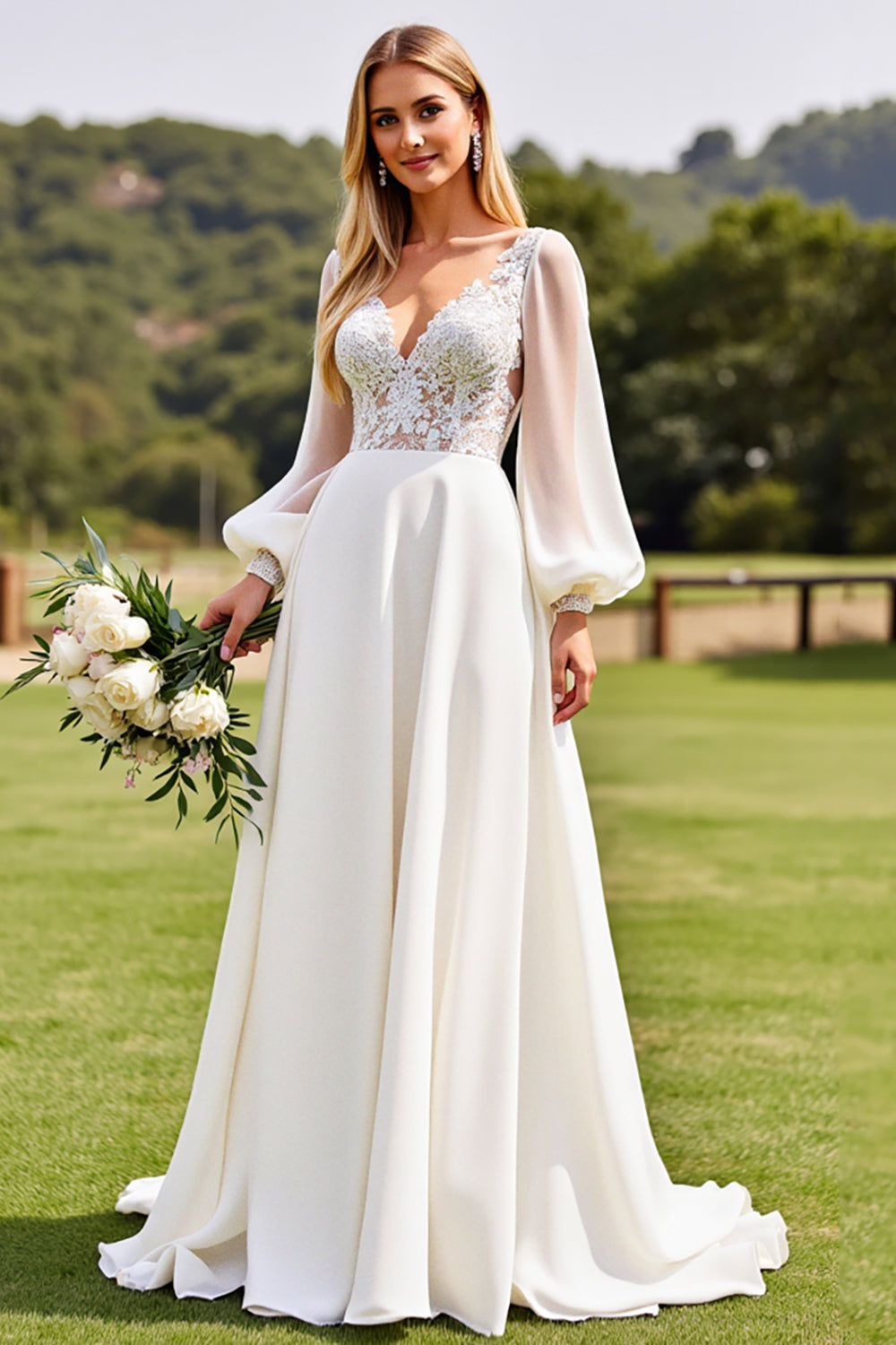 Ivory Long Sleeves Lace Wedding Dress with Appliques