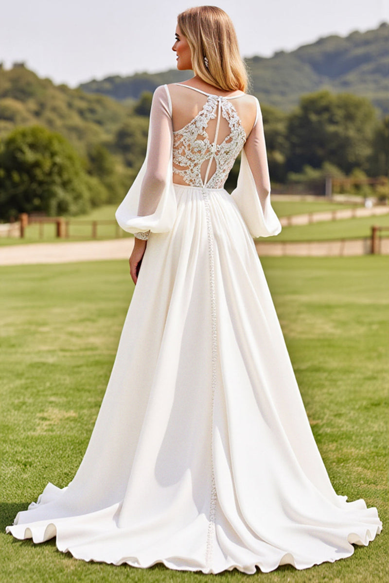 Load image into Gallery viewer, Ivory Long Sleeves Lace Wedding Dress with Appliques