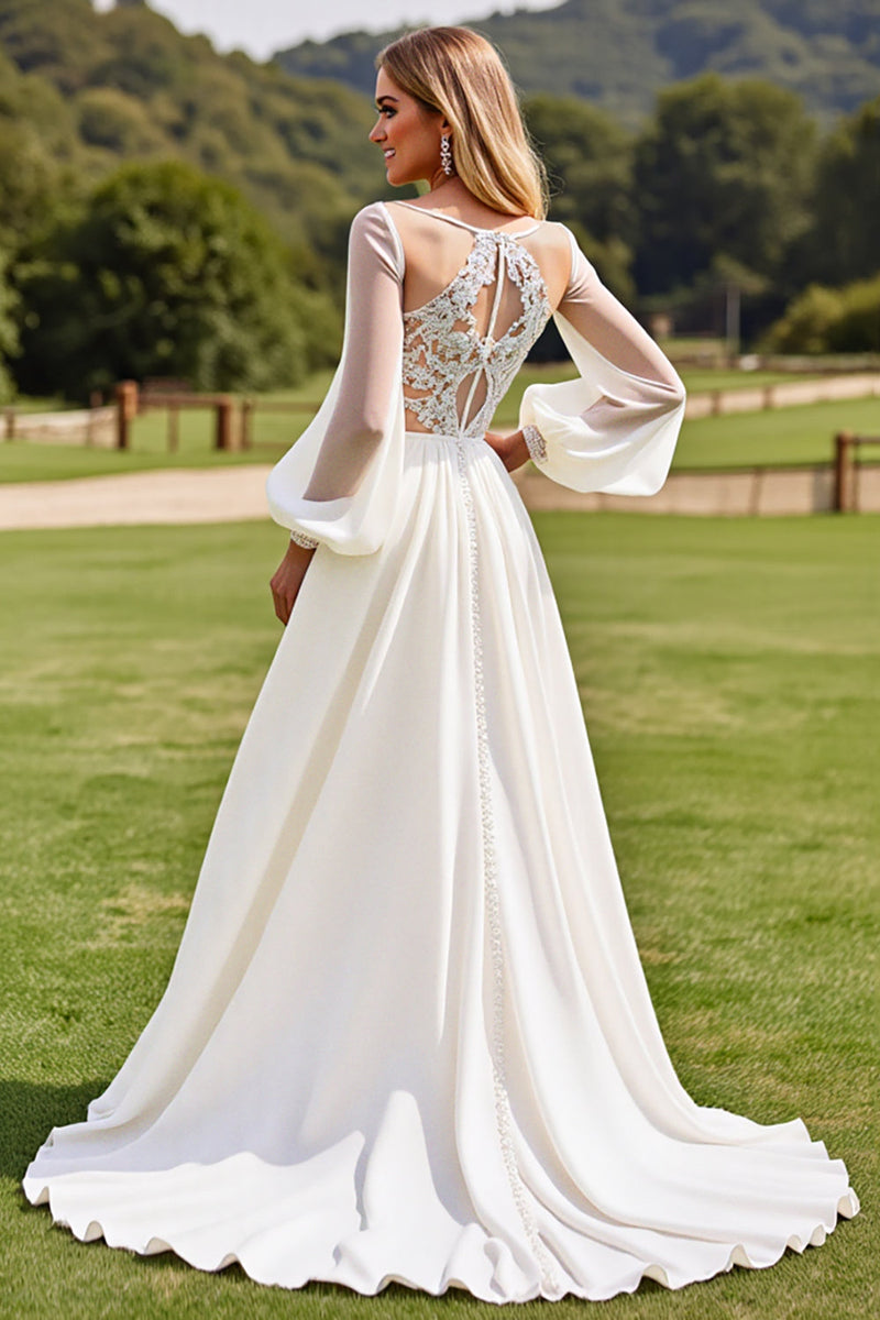 Load image into Gallery viewer, Ivory Long Sleeves Lace Wedding Dress with Appliques