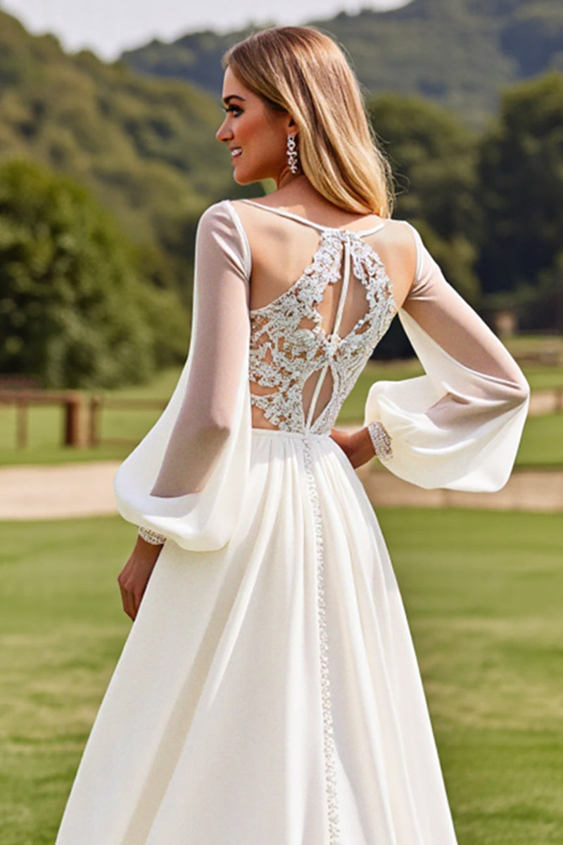 Load image into Gallery viewer, Ivory Long Sleeves Lace Wedding Dress with Appliques