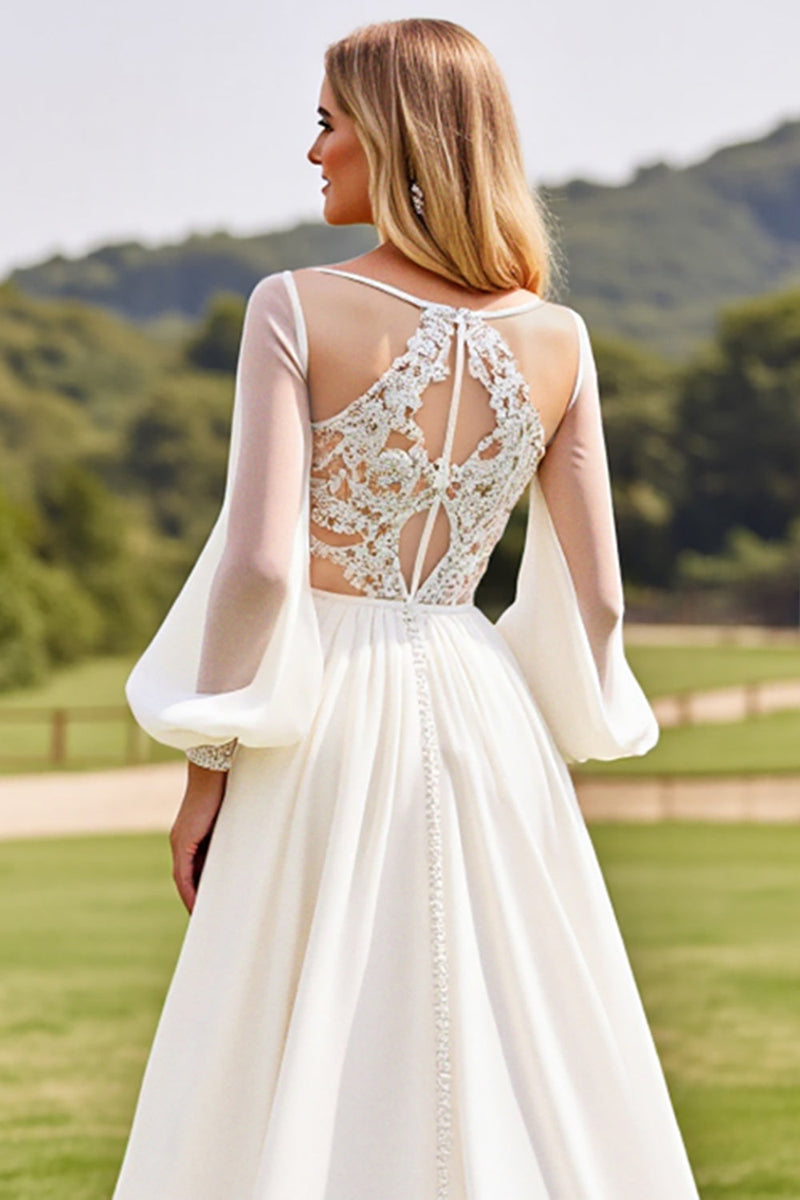 Load image into Gallery viewer, Ivory Long Sleeves Lace Wedding Dress with Appliques