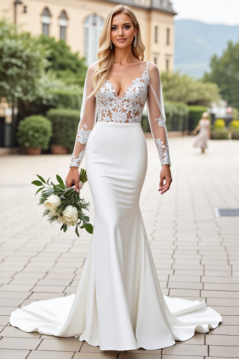 Load image into Gallery viewer, Ivory Lace V Neck Mermaid Wedding Dress with Long Sleeves