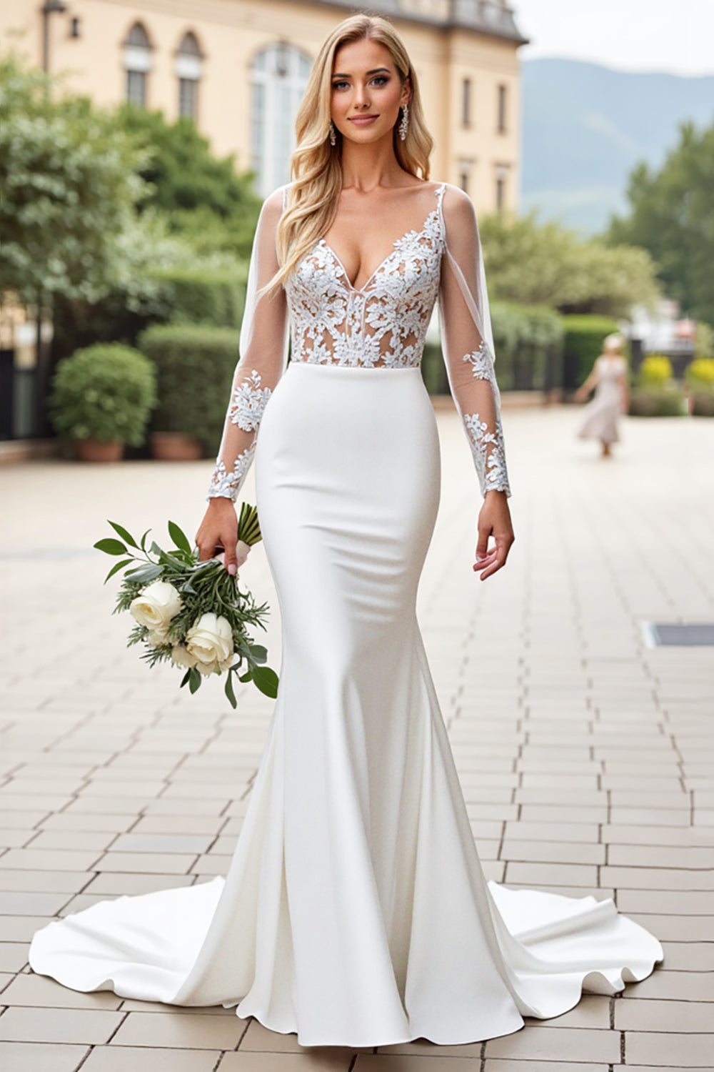 Ivory Lace V Neck Mermaid Wedding Dress with Long Sleeves