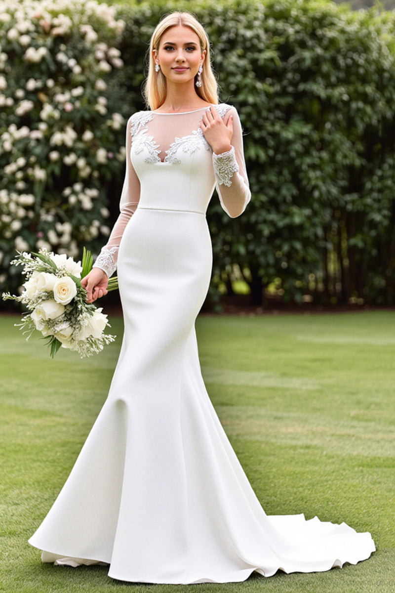 Load image into Gallery viewer, Lace Satin Ivory Mermaid Wedding Dress with Illusion Long Sleeves