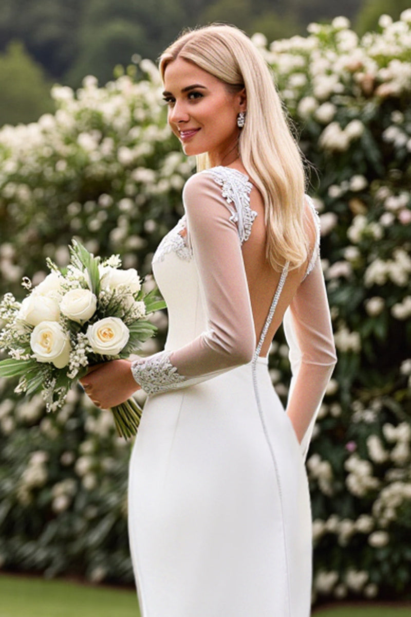 Load image into Gallery viewer, Lace Satin Ivory Mermaid Wedding Dress with Illusion Long Sleeves