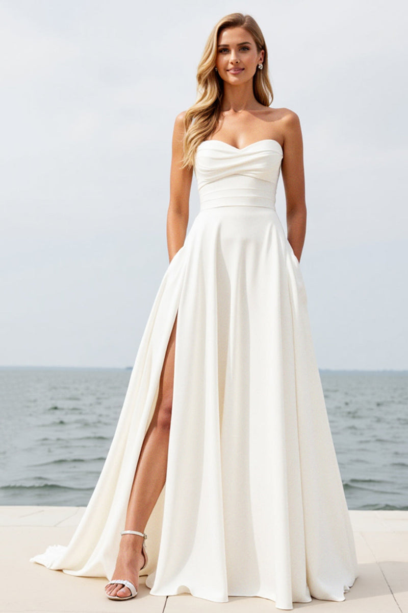 Load image into Gallery viewer, Ivory Strapless A Line Chiffon Beach Wedding Dress With Slit