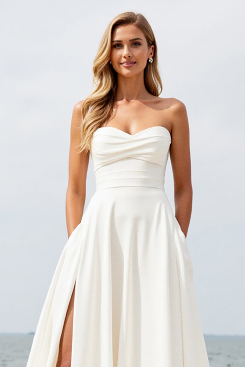 Load image into Gallery viewer, Ivory Strapless A Line Chiffon Beach Wedding Dress With Slit