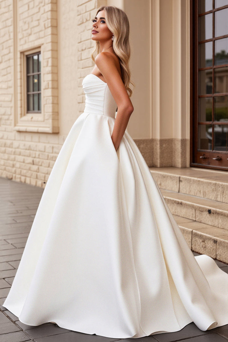 Load image into Gallery viewer, Strapless A Line Ivory Satin Ruched Wedding Dress