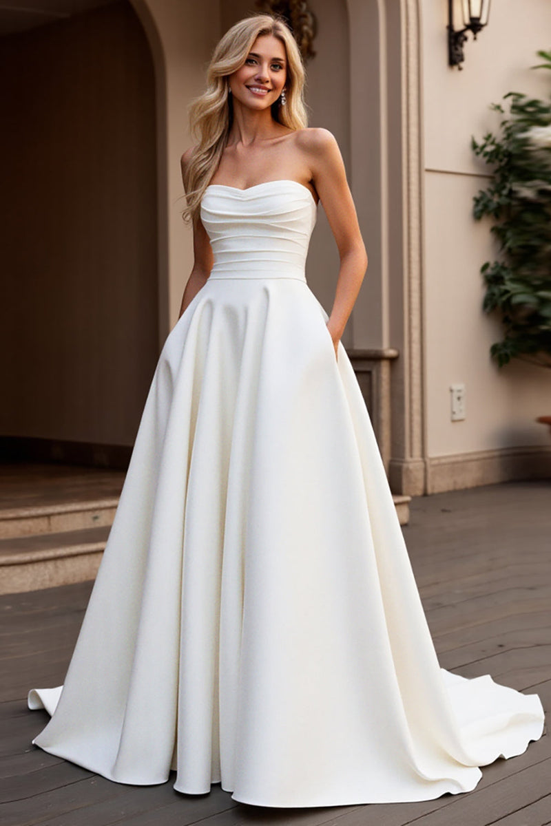 Load image into Gallery viewer, Strapless A Line Ivory Satin Ruched Wedding Dress