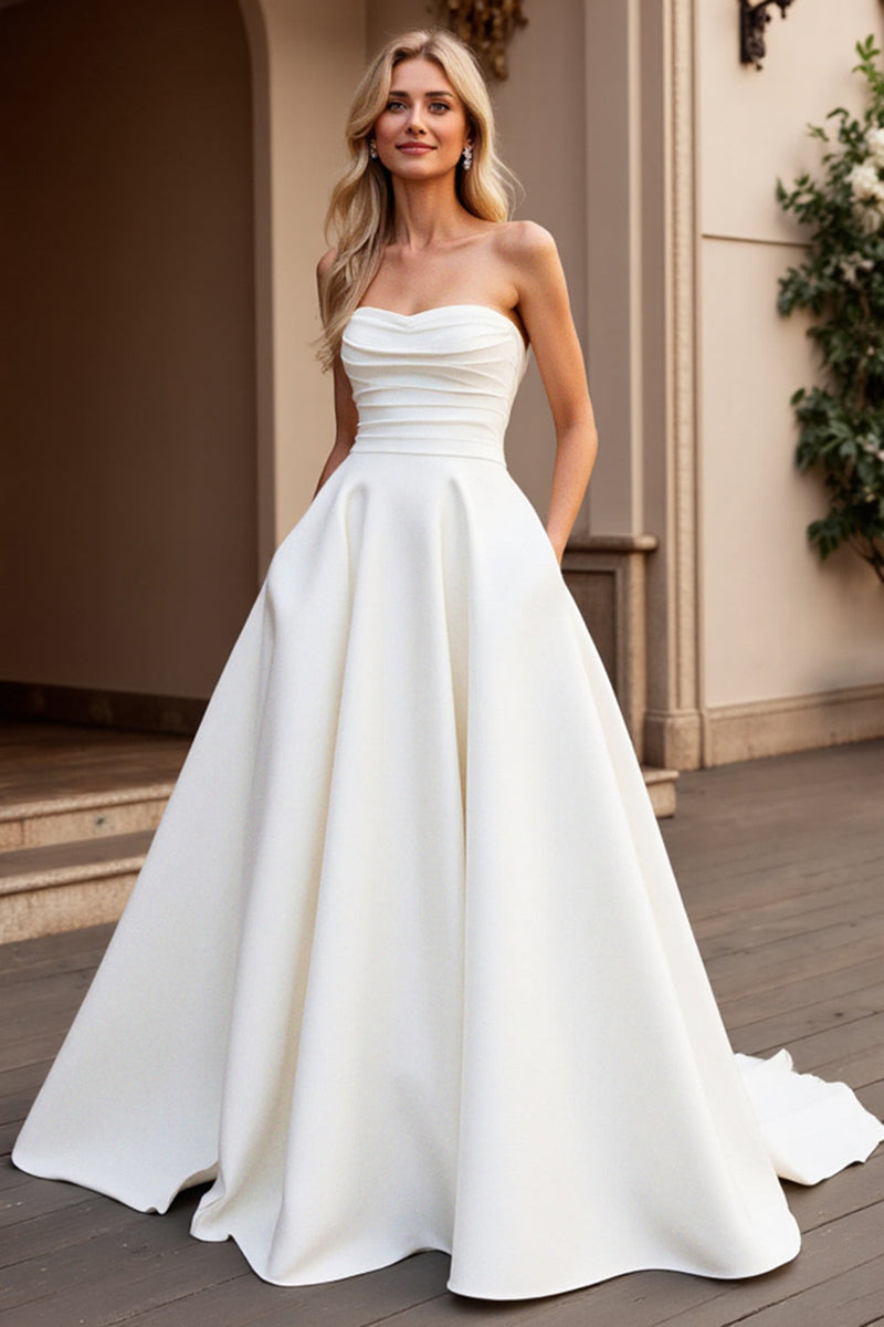 Load image into Gallery viewer, Strapless A Line Ivory Satin Ruched Wedding Dress