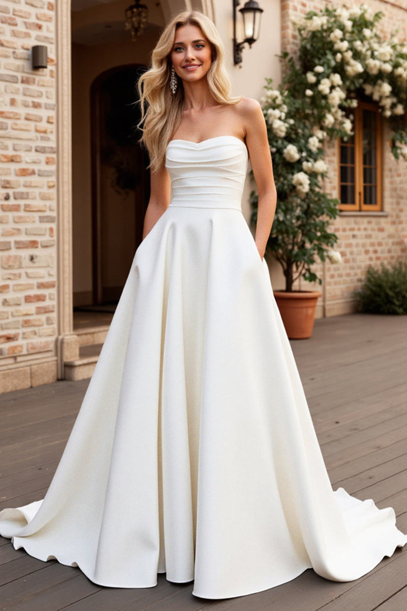 Load image into Gallery viewer, Strapless A Line Ivory Satin Ruched Wedding Dress