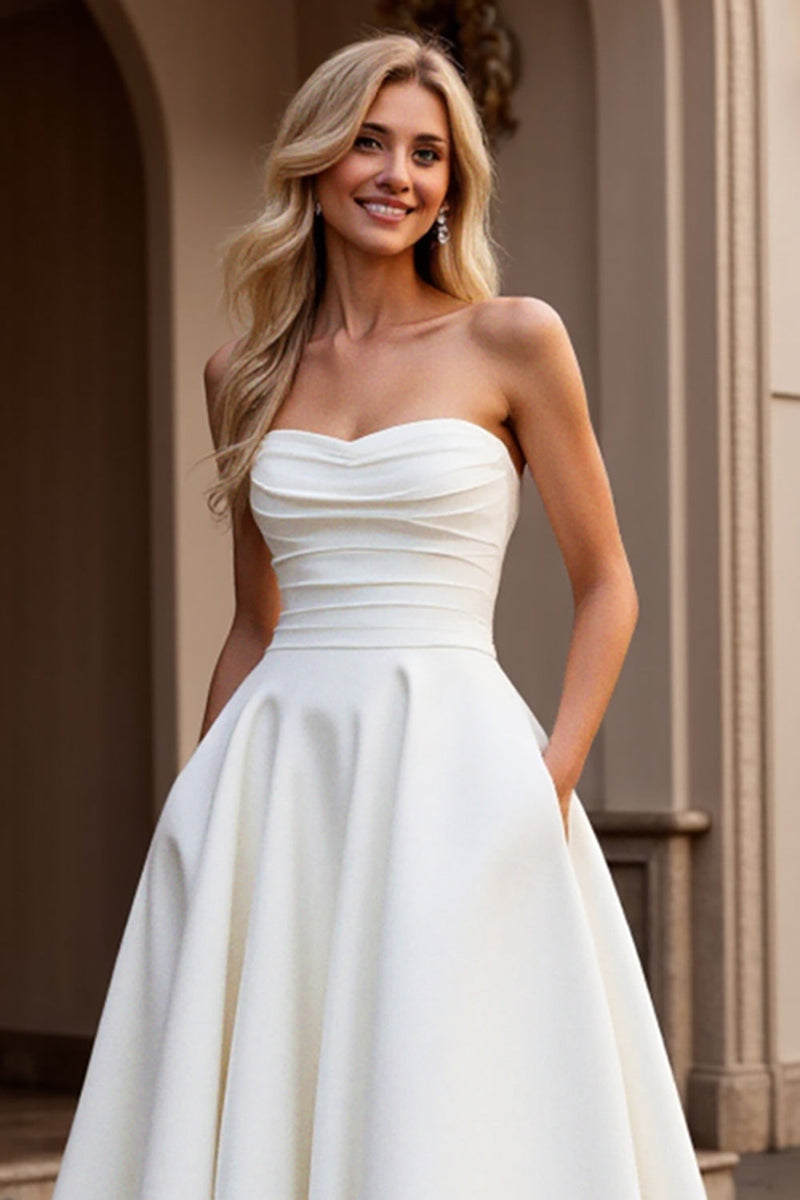 Load image into Gallery viewer, Strapless A Line Ivory Satin Ruched Wedding Dress