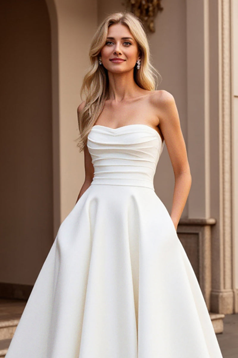 Load image into Gallery viewer, Strapless A Line Ivory Satin Ruched Wedding Dress