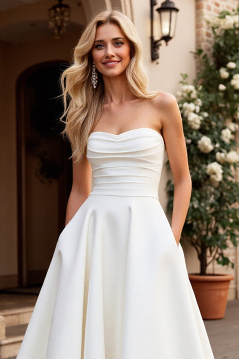 Load image into Gallery viewer, Strapless A Line Ivory Satin Ruched Wedding Dress