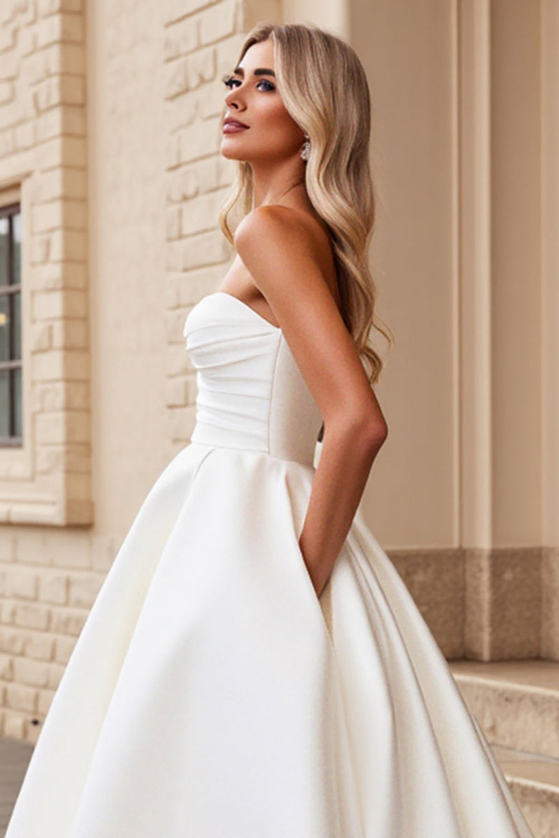Load image into Gallery viewer, Strapless A Line Ivory Satin Ruched Wedding Dress