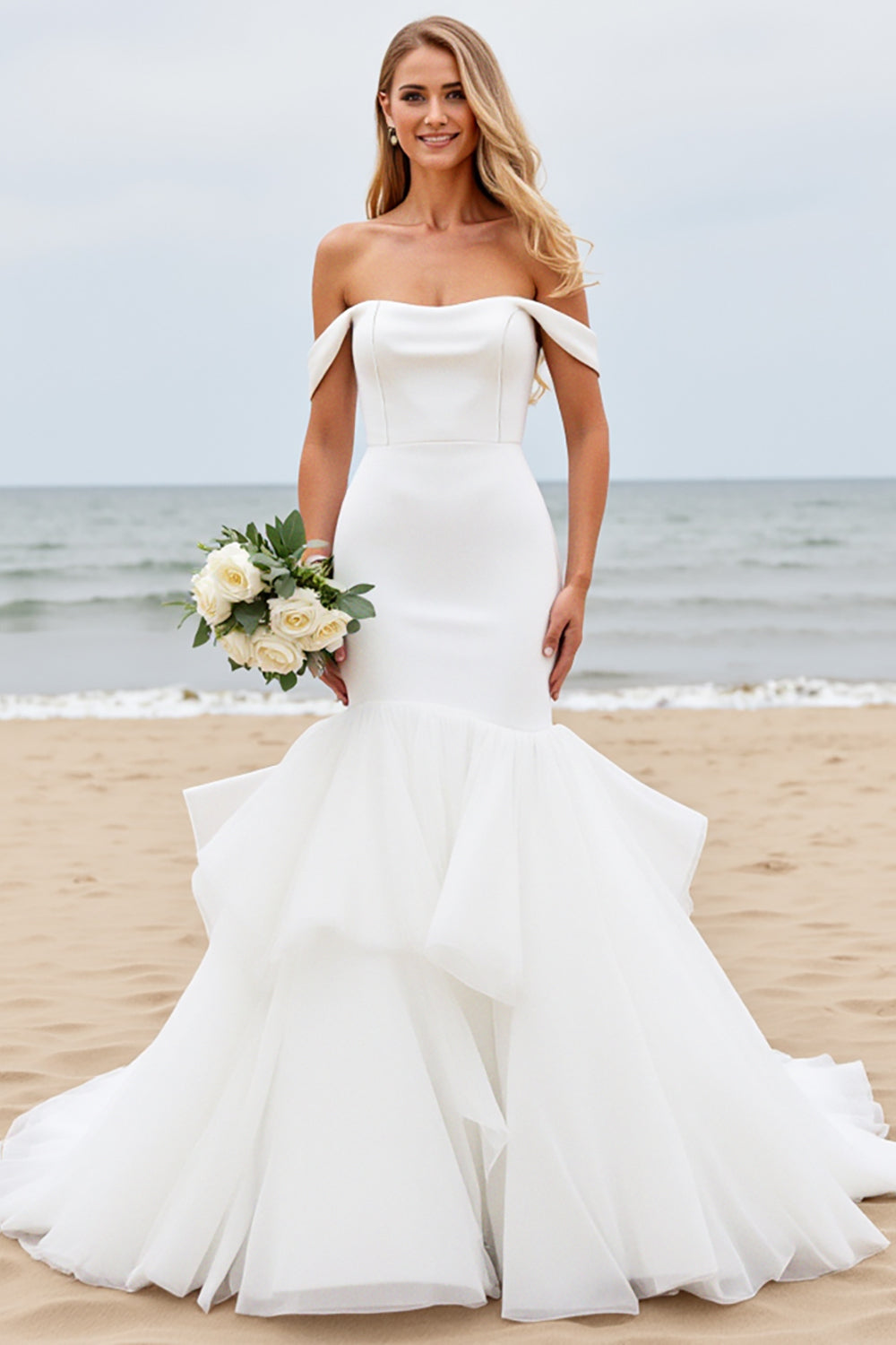 Off the Shoulder Mermaid Ivory Satin Tulle Wedding Dress