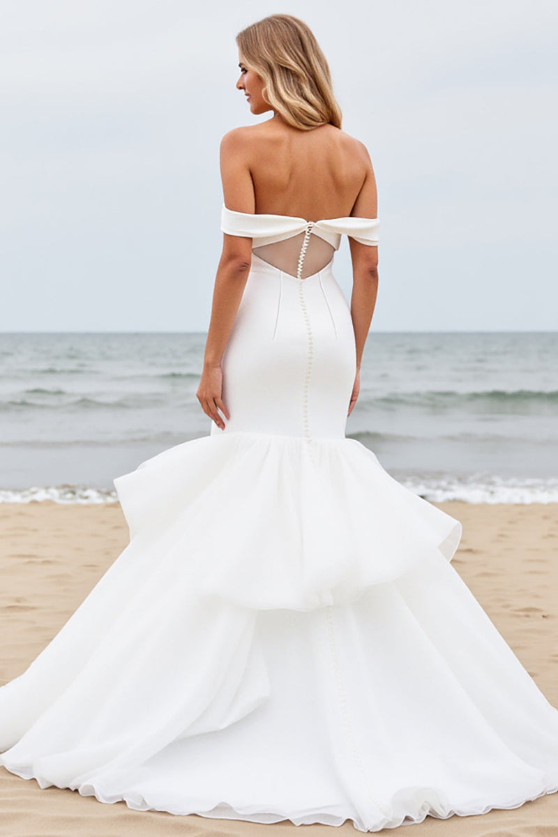 Load image into Gallery viewer, Off the Shoulder Mermaid Ivory Satin Tulle Wedding Dress