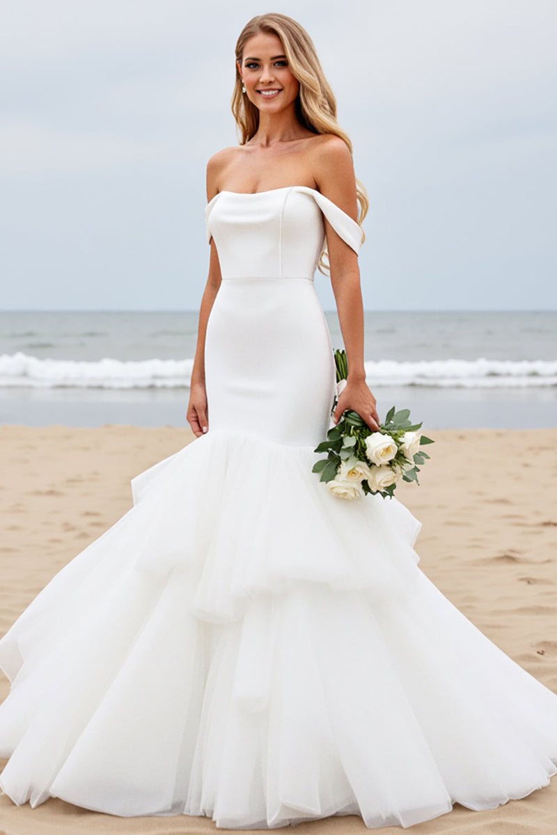 Load image into Gallery viewer, Off the Shoulder Mermaid Ivory Satin Tulle Wedding Dress