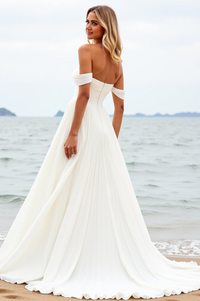 Load image into Gallery viewer, Ivory A Line Off the Shoulder Wedding Dress with Slit