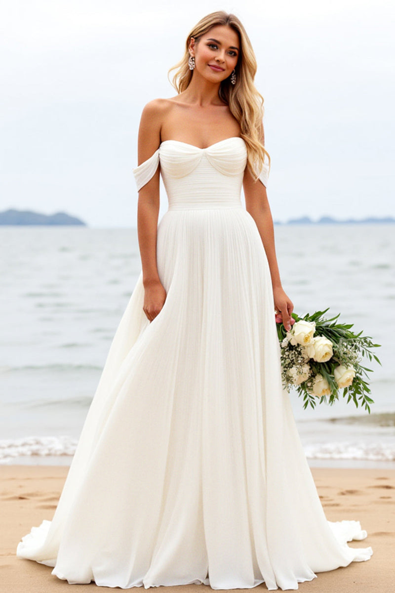 Load image into Gallery viewer, Ivory A Line Off the Shoulder Wedding Dress with Slit