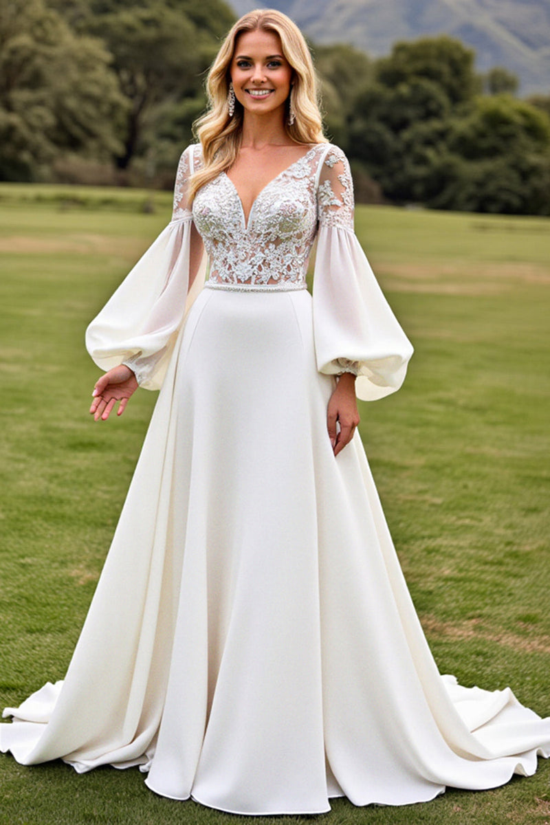 Load image into Gallery viewer, Long Sleeves A Line Ivory Wedding Dress with Appliqueds
