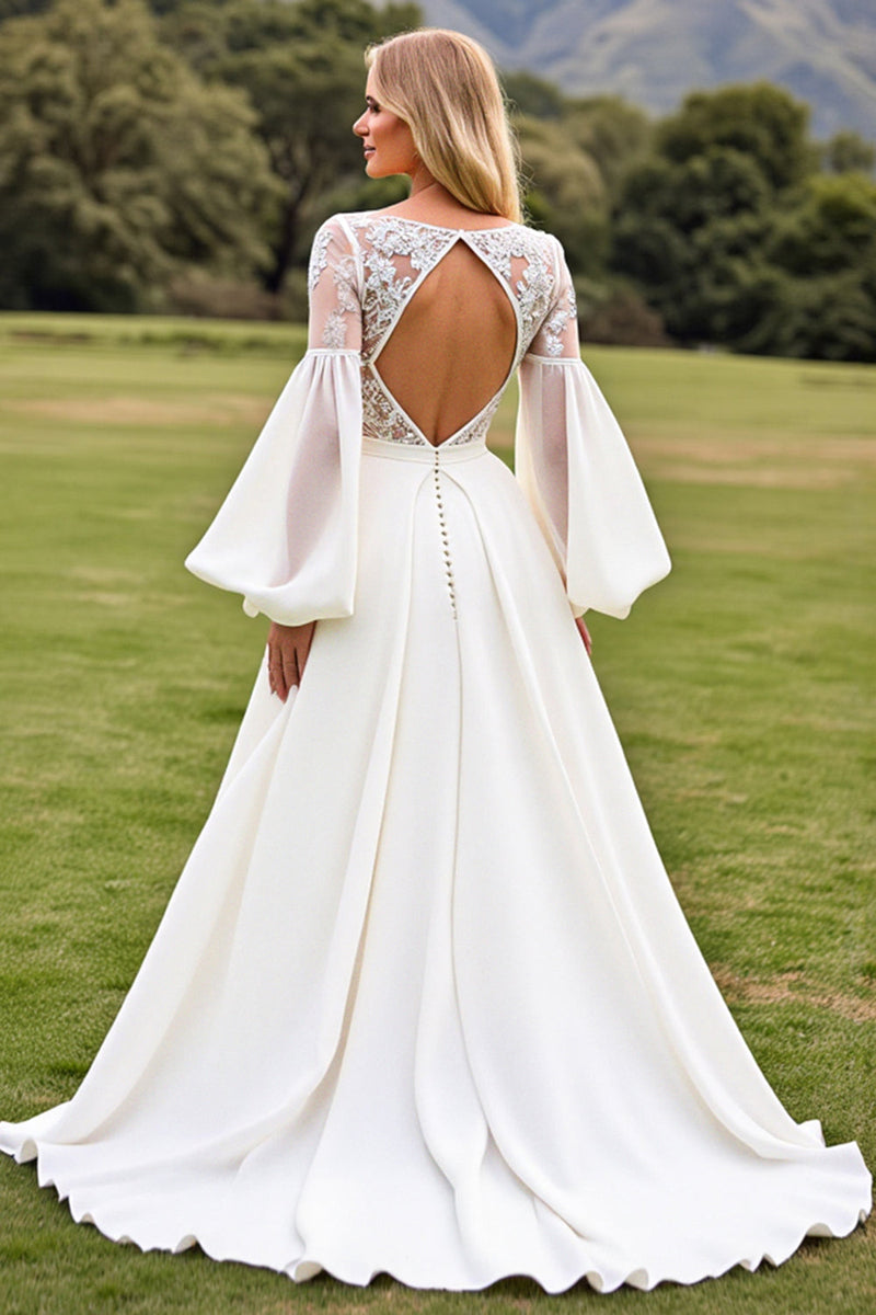 Load image into Gallery viewer, Long Sleeves A Line Ivory Wedding Dress with Appliqueds