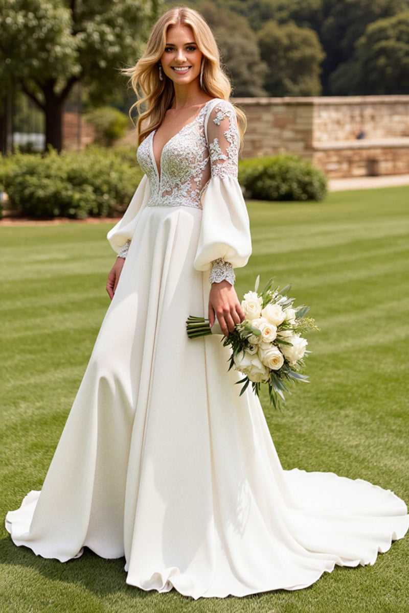 Load image into Gallery viewer, Long Sleeves A Line Ivory Wedding Dress with Appliqueds