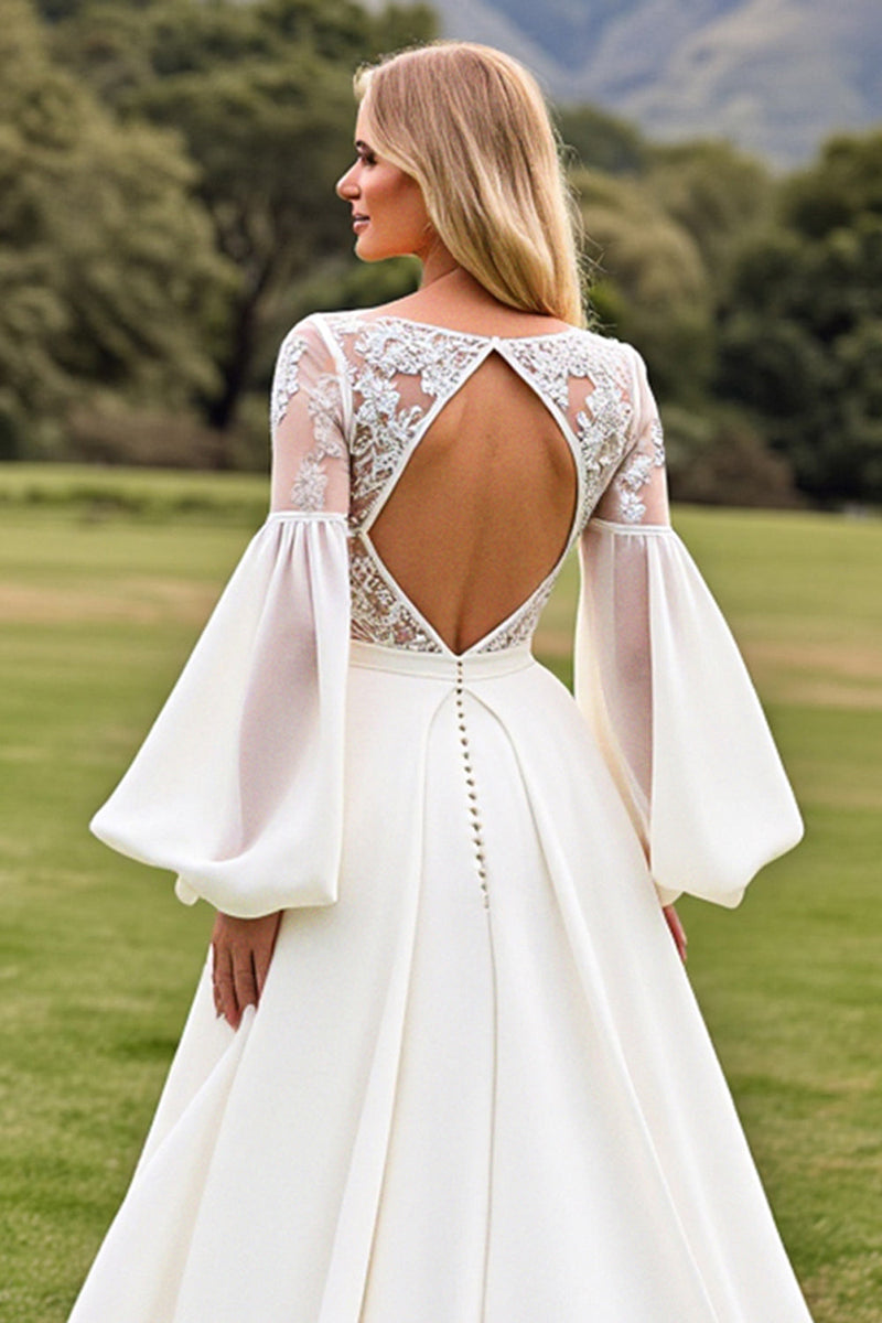 Load image into Gallery viewer, Long Sleeves A Line Ivory Wedding Dress with Appliqueds
