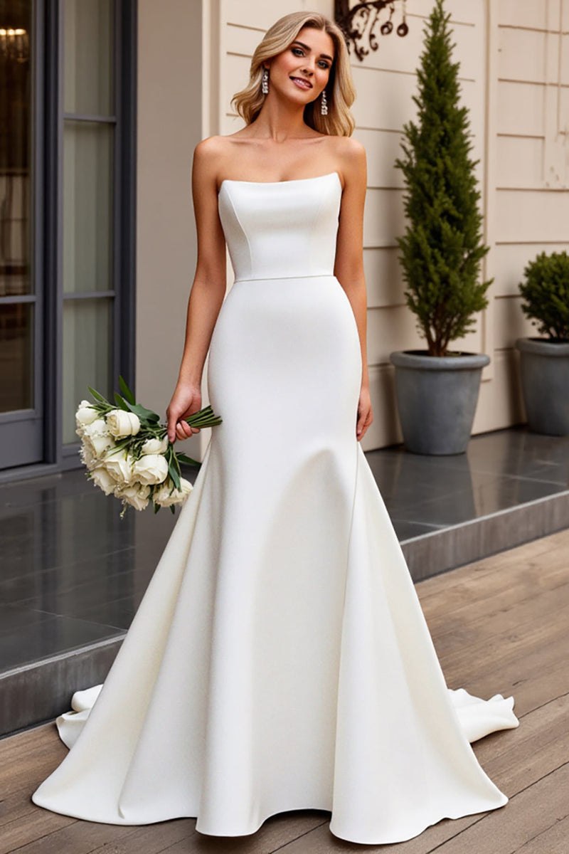 Load image into Gallery viewer, Elegant Strapless Mermaid Ivory Satin Wedding Dress