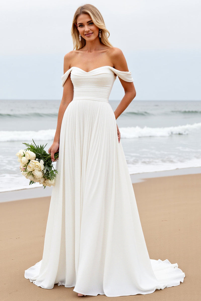 Load image into Gallery viewer, Off the Shoulder Pleated A Line Ivory Wedding Dress