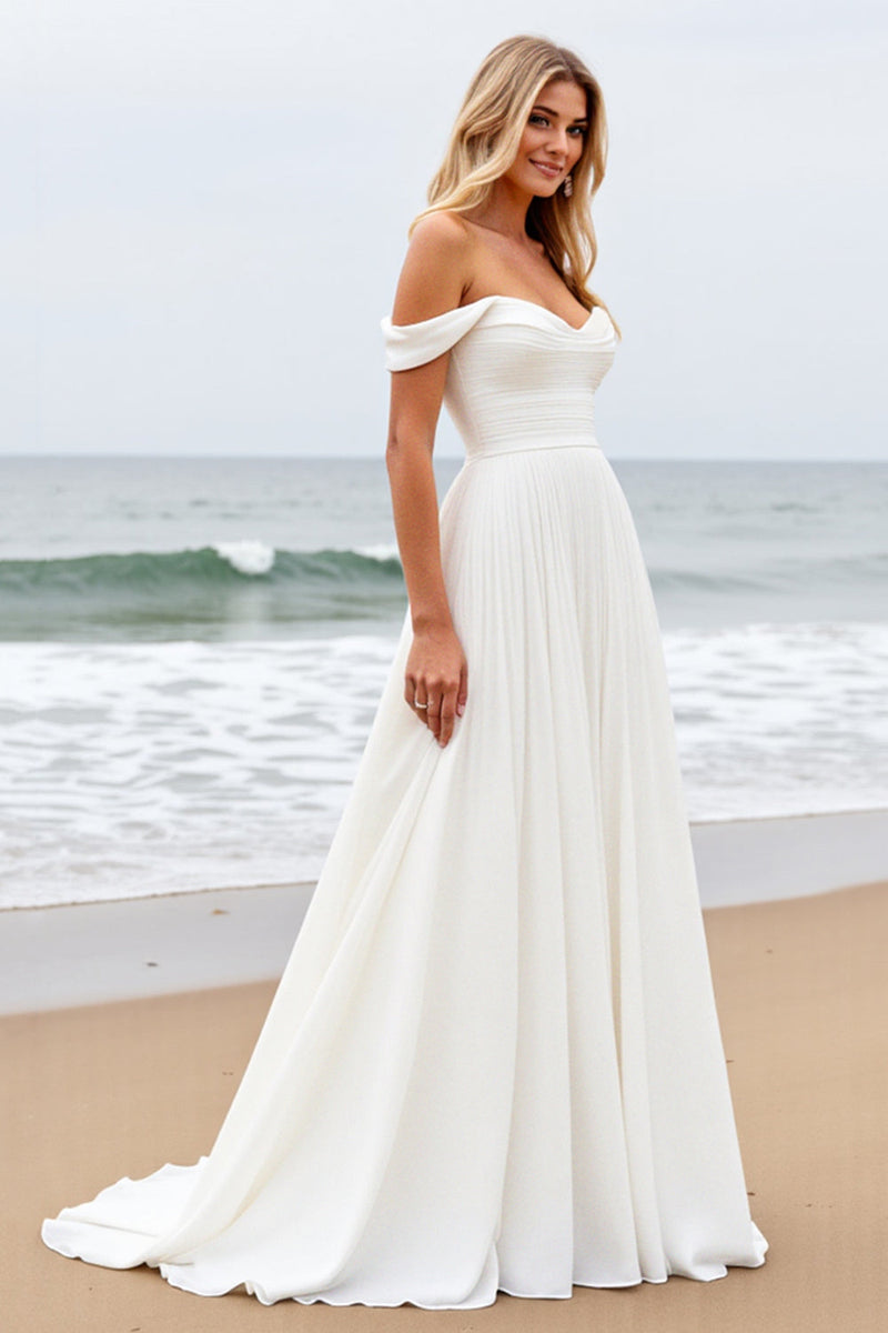 Load image into Gallery viewer, Off the Shoulder Pleated A Line Ivory Wedding Dress