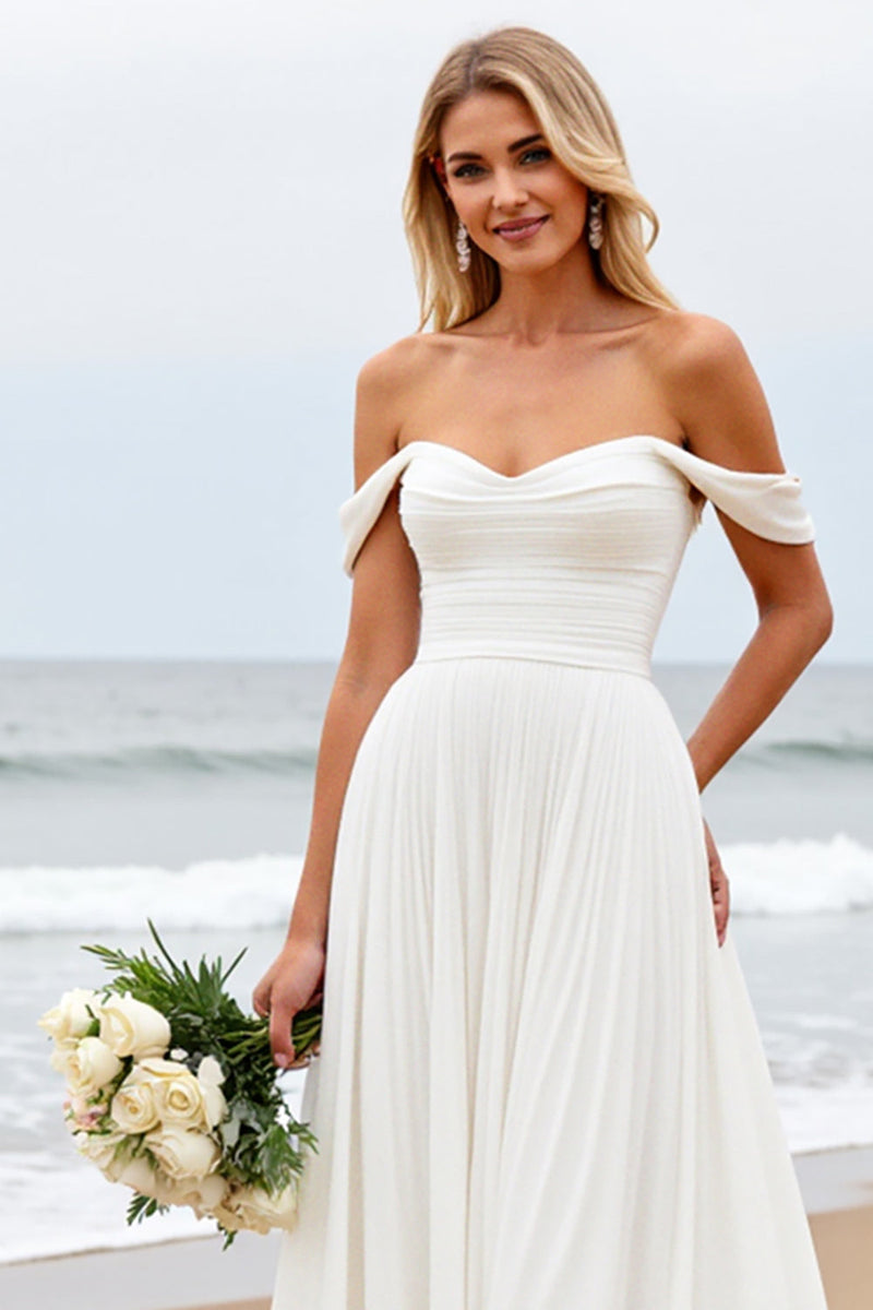 Load image into Gallery viewer, Off the Shoulder Pleated A Line Ivory Wedding Dress