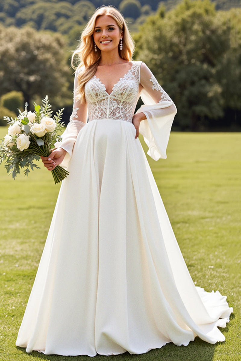 Load image into Gallery viewer, Ivory Lace Long Sleeves V Neck A Line Chiffon Wedding Dress