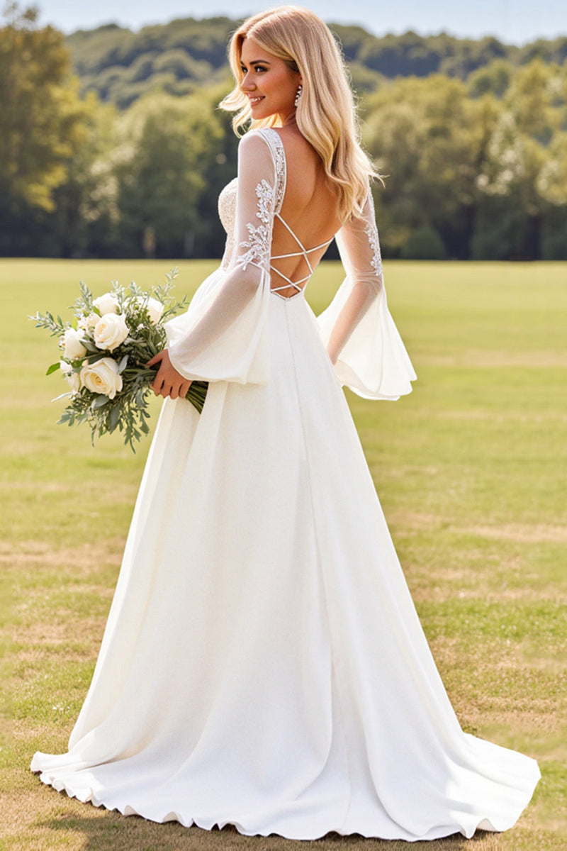Load image into Gallery viewer, Ivory Lace Long Sleeves V Neck A Line Chiffon Wedding Dress