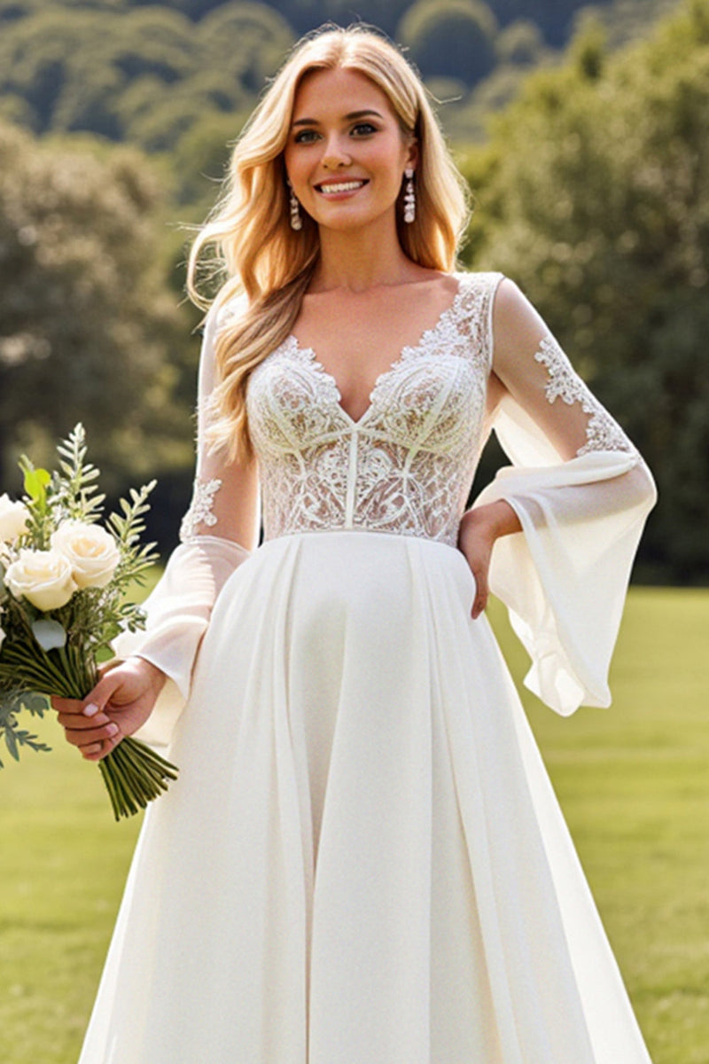 Load image into Gallery viewer, Ivory Lace Long Sleeves V Neck A Line Chiffon Wedding Dress
