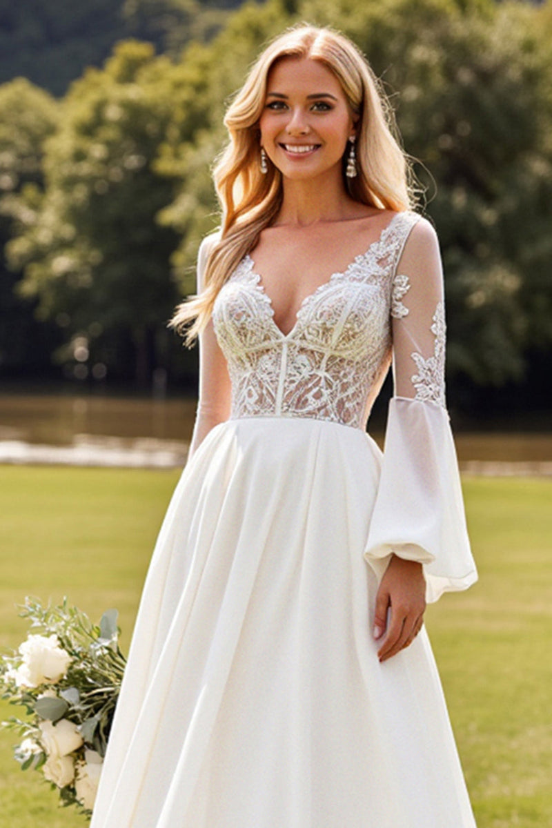 Load image into Gallery viewer, Ivory Lace Long Sleeves V Neck A Line Chiffon Wedding Dress