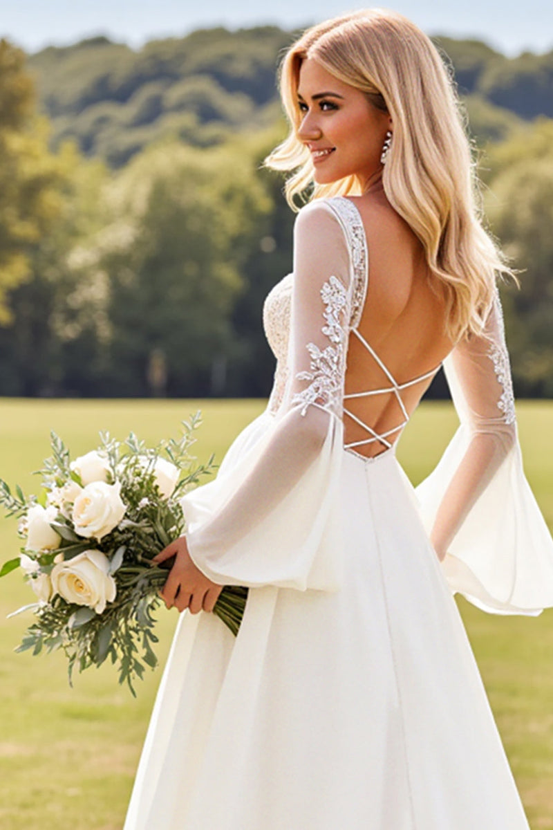 Load image into Gallery viewer, Ivory Lace Long Sleeves V Neck A Line Chiffon Wedding Dress