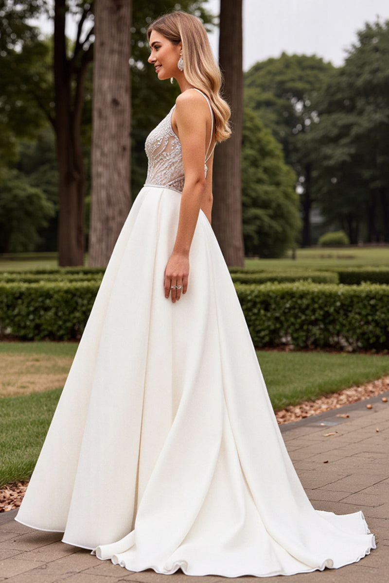 Load image into Gallery viewer, Satin Lace Ivory Spaghetti Straps A Line Weding Dress with Beading