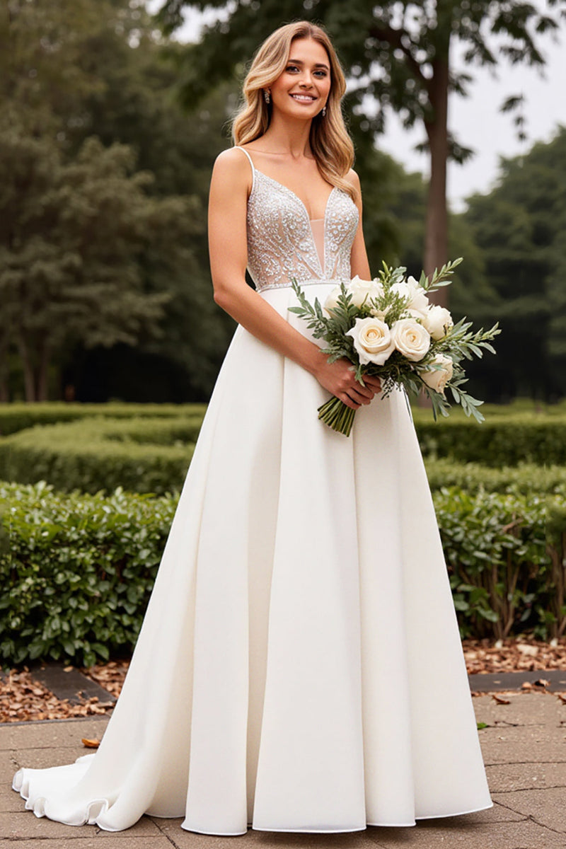 Load image into Gallery viewer, Satin Lace Ivory Spaghetti Straps A Line Weding Dress with Beading